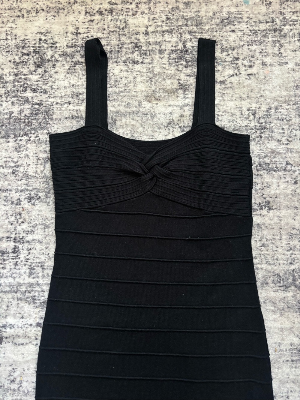 Black Ribbed Bandage Style Twist-Front Midi Black Dress